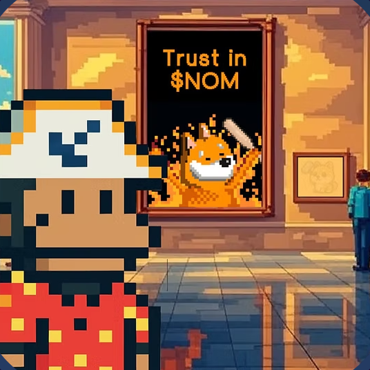 Pixel-art Nom standing in a gallery beside a painting titled Trust in $NOM